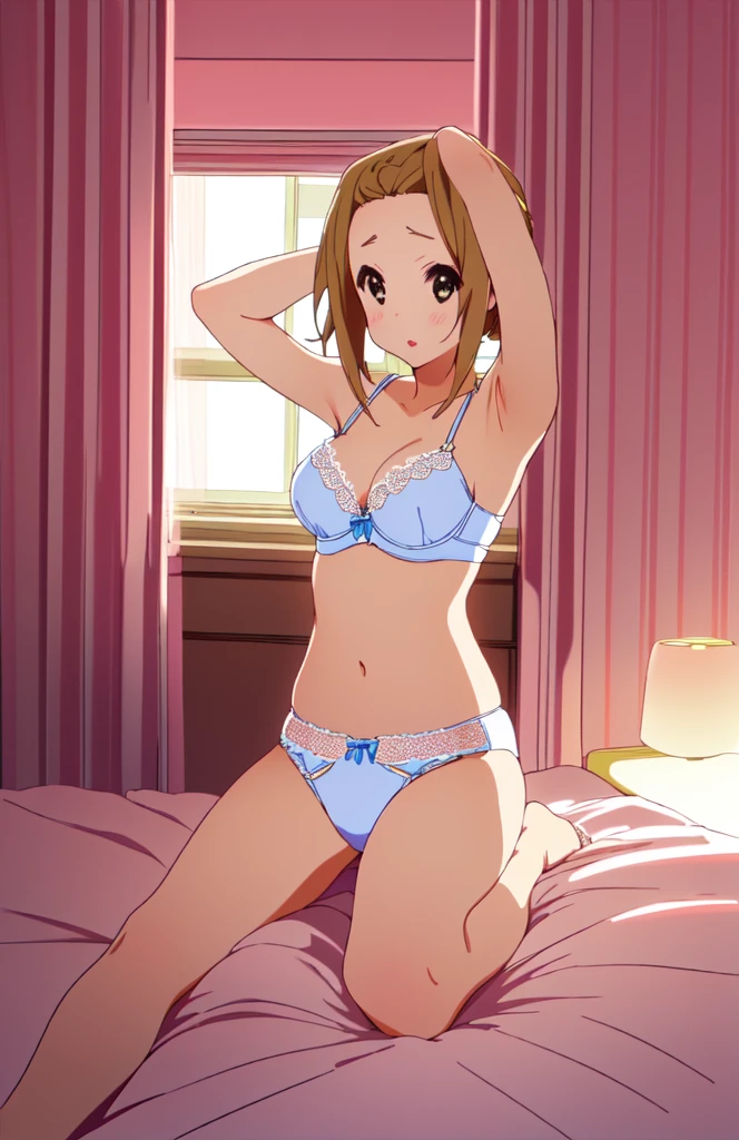 Ritsu Tainaka,Ricchan,  charm lips  ,  white skin,  lace bra and panties, relaxed vibe  , medium body,  bedroom bed ,