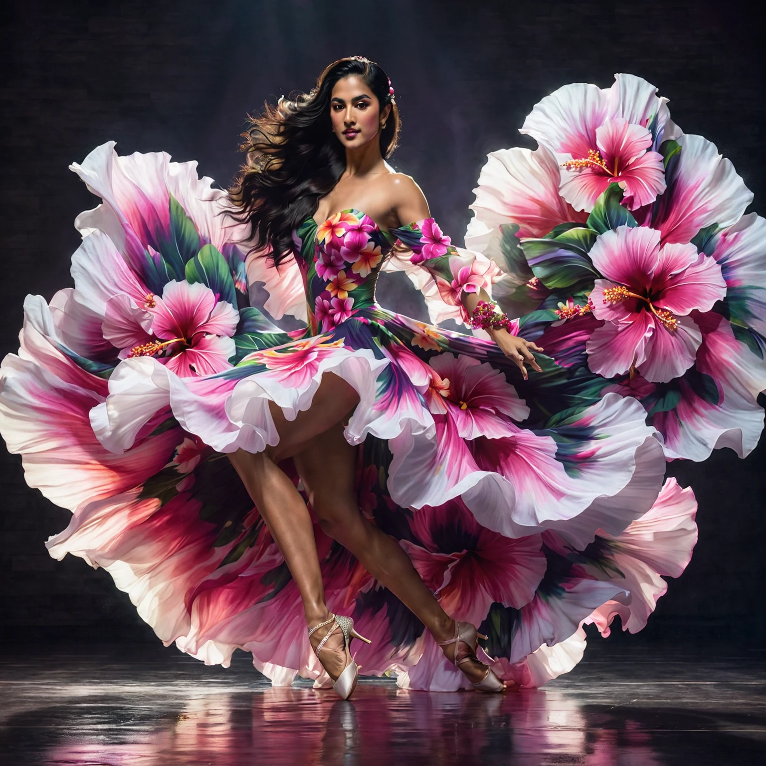 A professional dancer with long dark hair wearing a flowing, colorful dress with large pink and white hibiscus flowers with exaggerated. She is performing dance with dramatically, the dress billowing around her. The background is dark with reflective floors, allowing the vibrant floral dress to be the focal point, vibrant, photorealistic, ultra high definition.