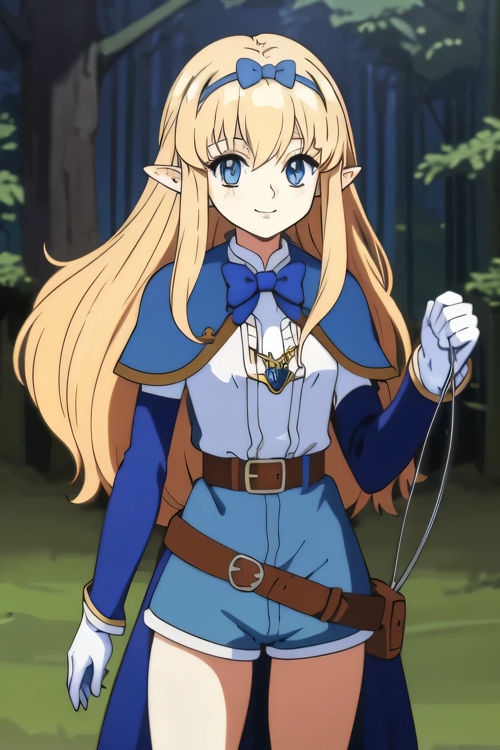 Ai shindou, masterpiece, Best Quality, Elf  ,long hair, floating hair, blonde hair, blue sea eye, deeper eyes, elf ears, hoods, blue cloak, blue lightly tunic, gloves, Belt bag, blue shorts, Cowboy Shot, cute smile, forest, Looking at Viewer,Hold the bow and arrow