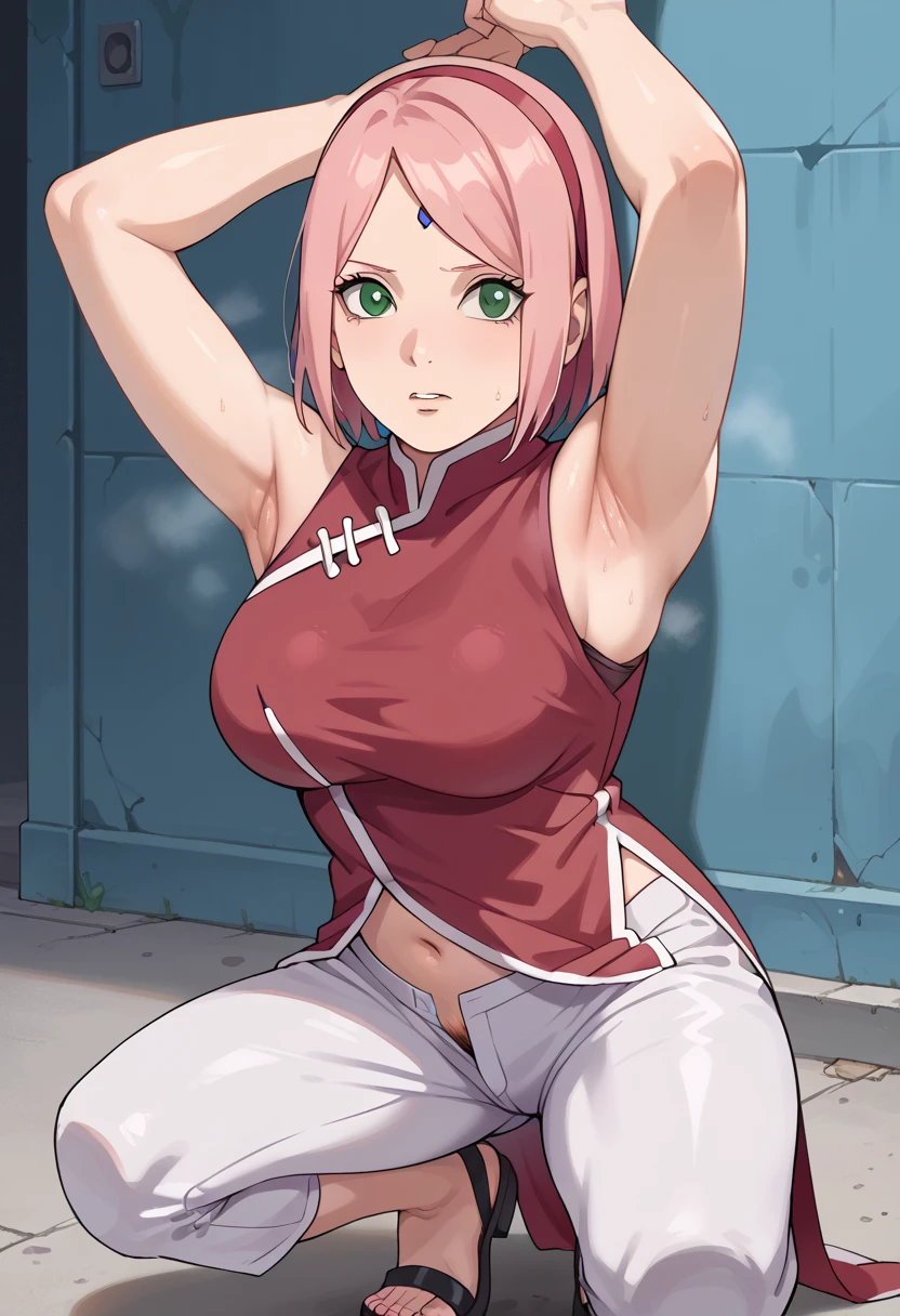 nsfw, haruno sakura, pink hair, short hair, green eyes, red sleeveless dress, navel, large breasts, white pants，In a dimly lit alley ,Armpit,Armpit wrinkles,Armpit smell,Armpit juice,Arms up,Stretch,pubic hair,under hair,,squat down, 