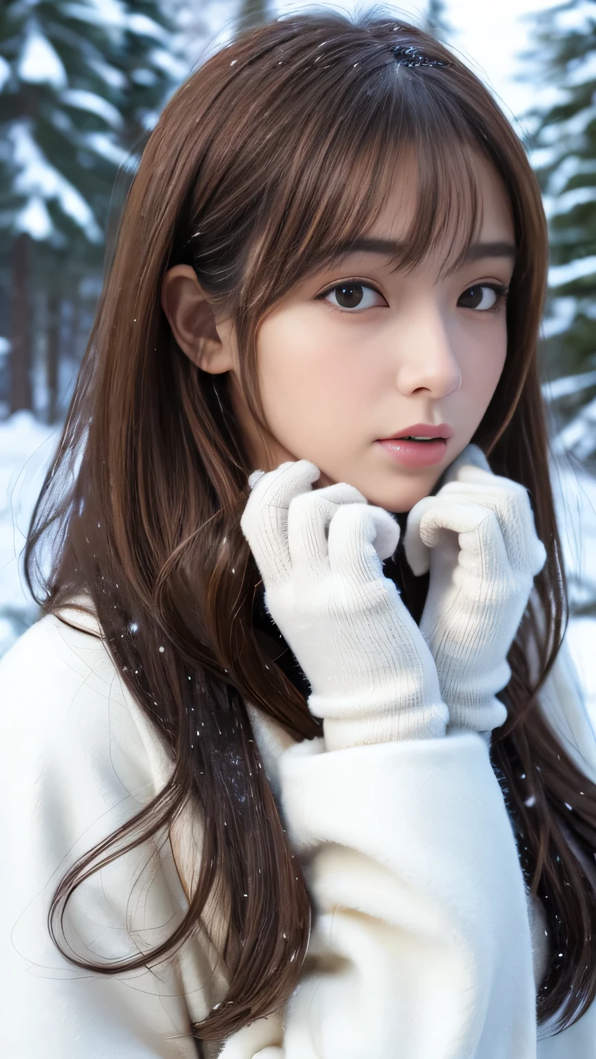 White coat,White knitted gloves、muffler