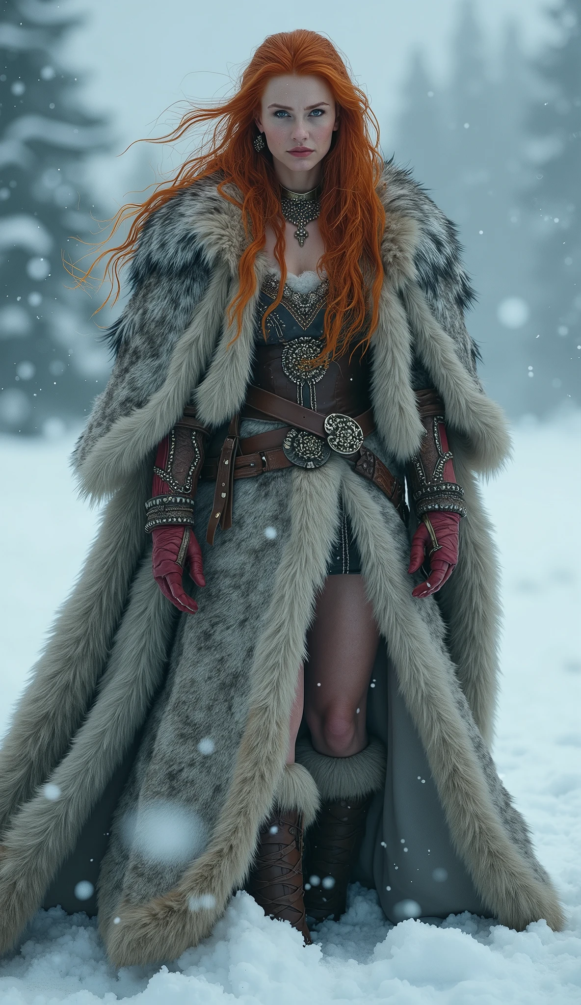 epic woman, curly red hair, two braids, intricate details, furs, freckles, viking clothing, medieval costume Classic lingerie white in Dublin ireland 