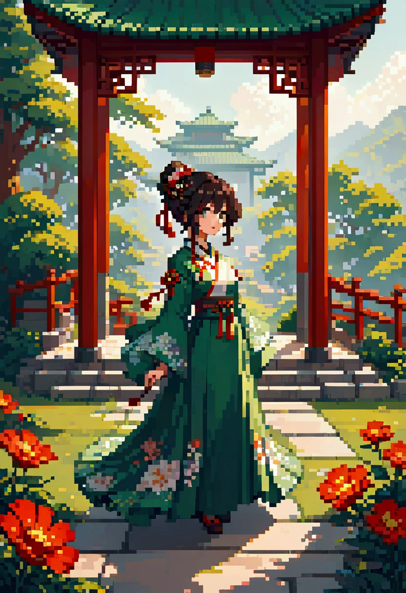  samdoesarts style award winning portrait of a beautiful woman, Pixel Art , Blocks, Pixel Art 风格, 8-bit graphics, Anime Girl， Ancient Chinese Green Clothes , Long sleeve，Gazebo, Complex, Hairpin, Twist,  sunshine,  Shadow Flat Illustration ,  Digital Art, trending on artstation,  highly detailed ,  fine details, Complex, by Artgerm、Artwork by rutkowski and alphonse mucha ,