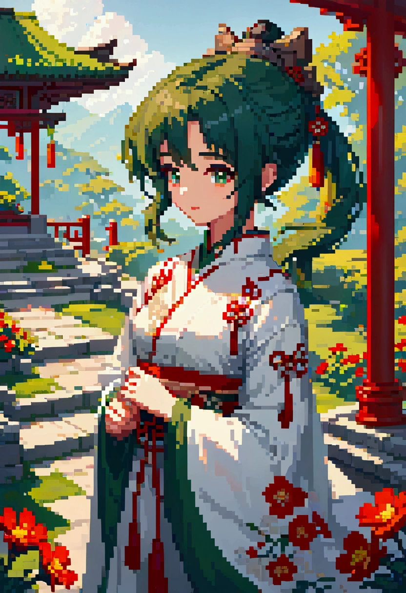  samdoesarts style award winning portrait of a beautiful woman, Pixel Art , Blocks, Pixel Art 风格, 8-bit graphics, Anime Girl， Ancient Chinese Green Clothes , Long sleeve，Gazebo, Complex, Hairpin, Twist,  sunshine,  Shadow Flat Illustration ,  Digital Art, trending on artstation,  highly detailed ,  fine details, Complex, by Artgerm、Artwork by rutkowski and alphonse mucha ,