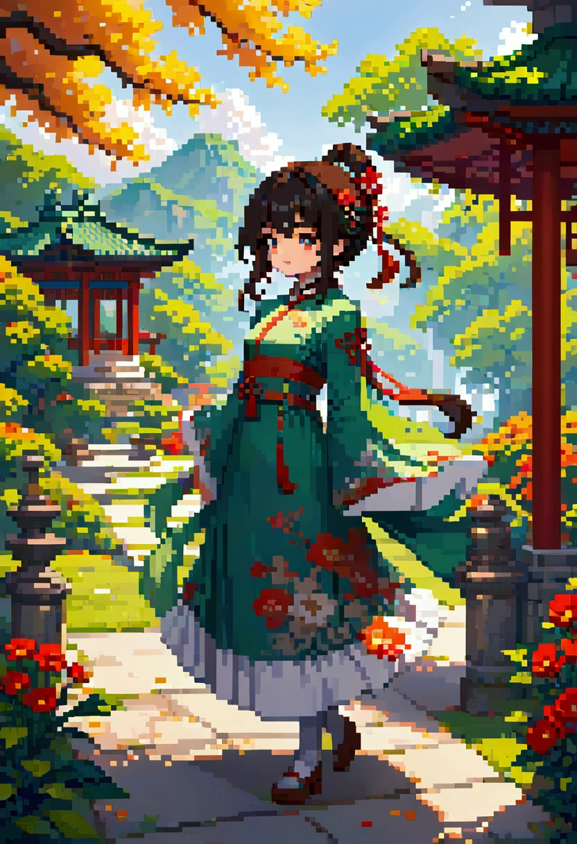  samdoesarts style award winning portrait of a beautiful woman, Pixel Art , Blocks, Pixel Art 风格, 8-bit graphics, Anime Girl， Ancient Chinese Green Clothes , Long sleeve，Gazebo, Complex, Hairpin, Twist,  sunshine,  Shadow Flat Illustration ,  Digital Art, trending on artstation,  highly detailed ,  fine details, Complex, by Artgerm、Artwork by rutkowski and alphonse mucha ,