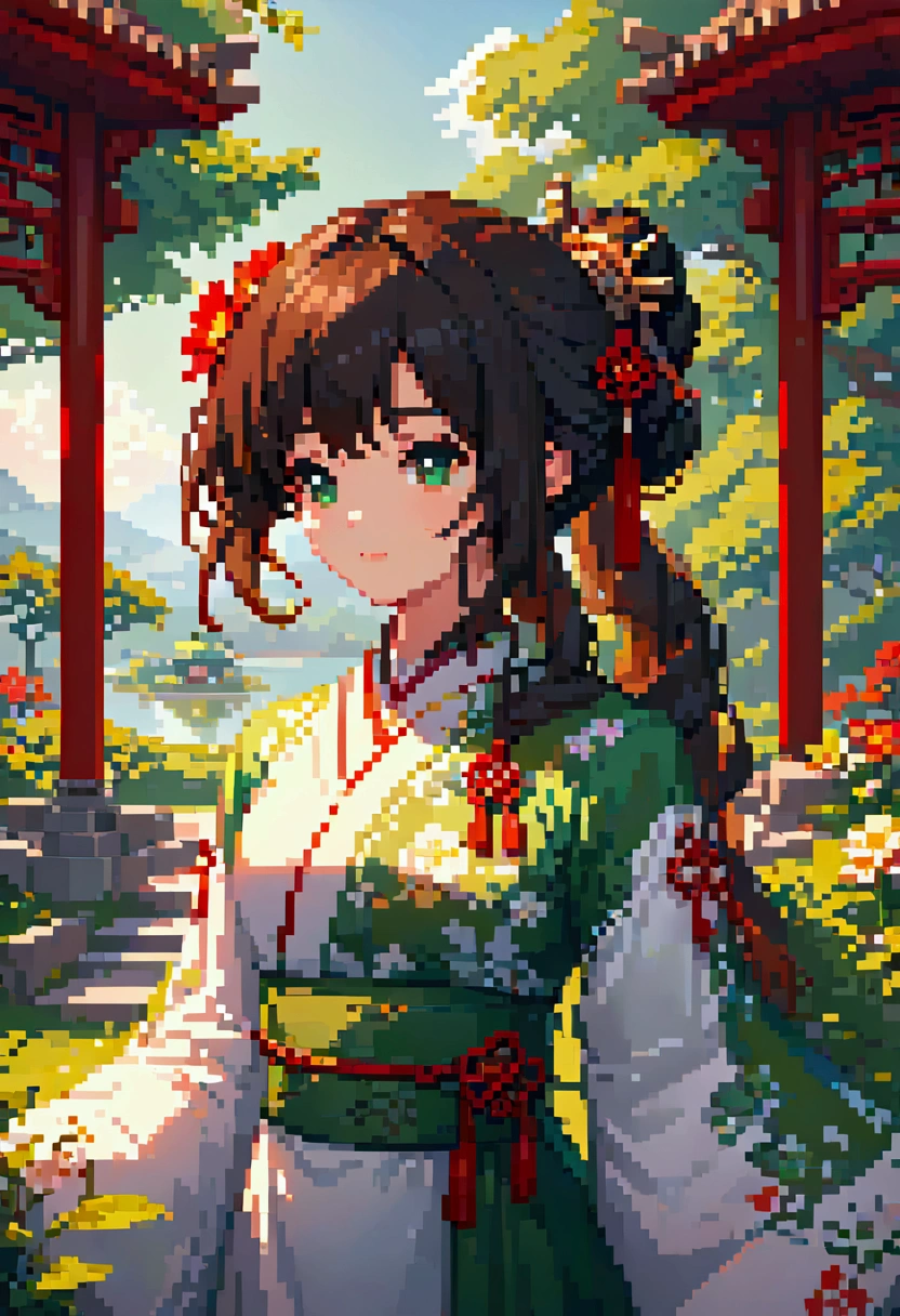  samdoesarts style award winning portrait of a beautiful woman, Pixel Art , Blocks, Pixel Art 风格, 8-bit graphics, Anime Girl， Ancient Chinese Green Clothes , Long sleeve，Gazebo, Complex, Hairpin, Twist,  sunshine,  Shadow Flat Illustration ,  Digital Art, trending on artstation,  highly detailed ,  fine details, Complex, by Artgerm、Artwork by rutkowski and alphonse mucha ,