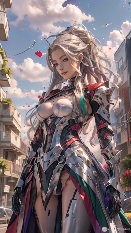 1girl, medium breasts, asymmetrical breasts, navel, (long hair, ringlets, (streaked hair:1.2), (pink hair, dark green, light brown hair):1.2), (dark gray eyes:1.2), bikini armor, pasties, v arms, Old, crumbling ruins, overgrown, enchanted, history, scattered pillars, sunbeams, hazy atmosphere <lyco:bikini-pastie-armor:1>,