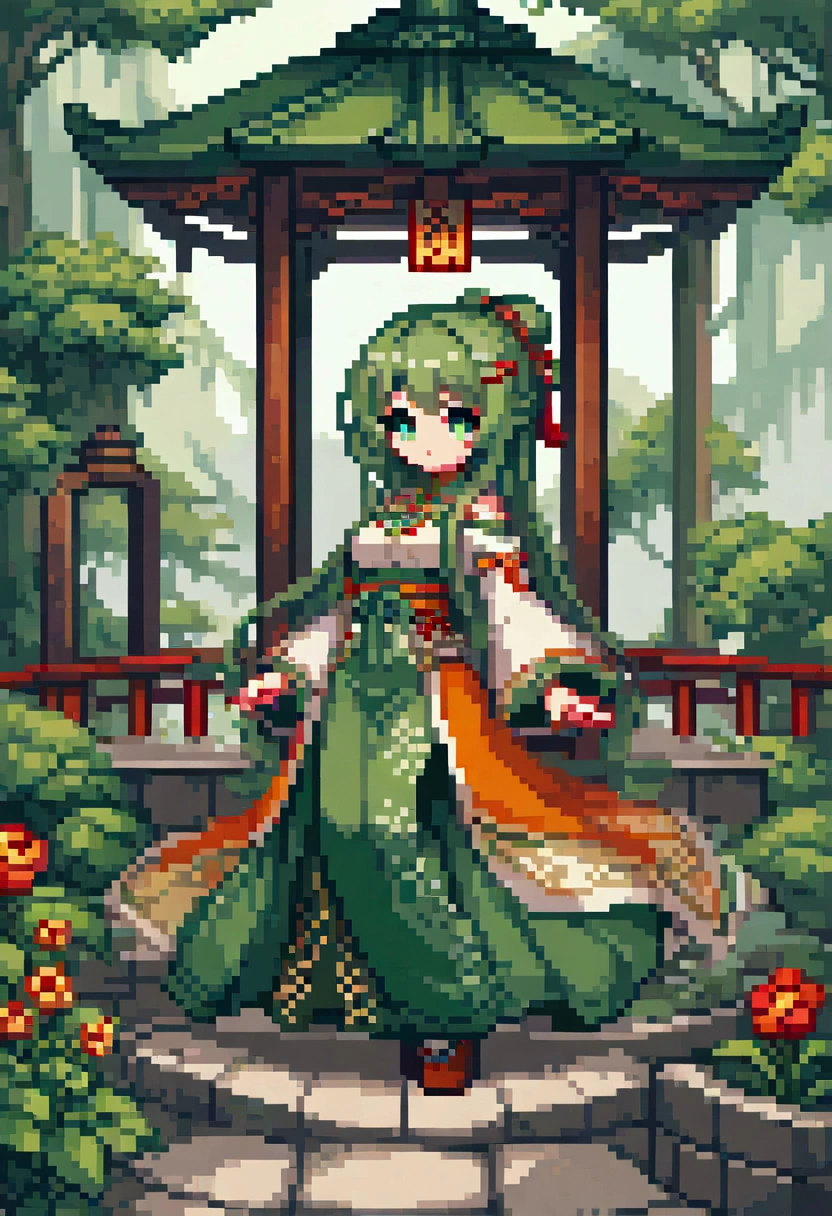 Pixel Art , Blocks, Pixel Art 风格, 8-bit graphics, Anime Girl，Ancient Chinese Green Costumes 、Long sleeve、Gazebo、Complex、Hairpin、Twist,、 sunshine、、 Artgerm 、 Artwork by Rutkowski and Alphonse Mucha，