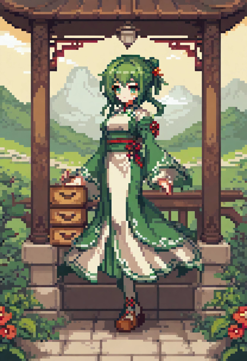 Pixel Art , Blocks, Pixel Art 风格, 8-bit graphics, Anime Girl，Ancient Chinese Green Costumes 、Long sleeve、Gazebo、Complex、Hairpin、Twist,、 sunshine、、 Artgerm 、 Artwork by Rutkowski and Alphonse Mucha，