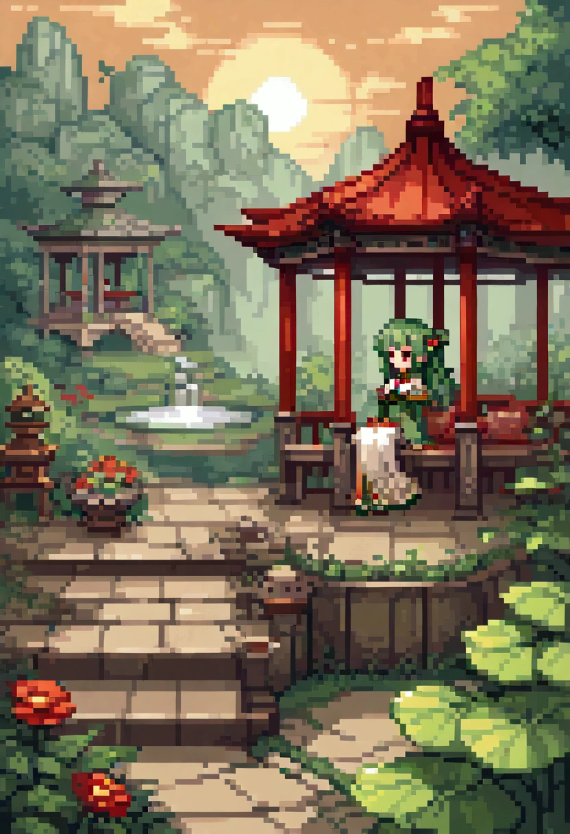 Pixel Art , Blocks, Pixel Art 风格, 8-bit graphics, Anime Girl，Ancient Chinese Green Costumes 、Long sleeve、Gazebo、Complex、Hairpin、Twist,、 sunshine、、 Artgerm 、 Artwork by Rutkowski and Alphonse Mucha，