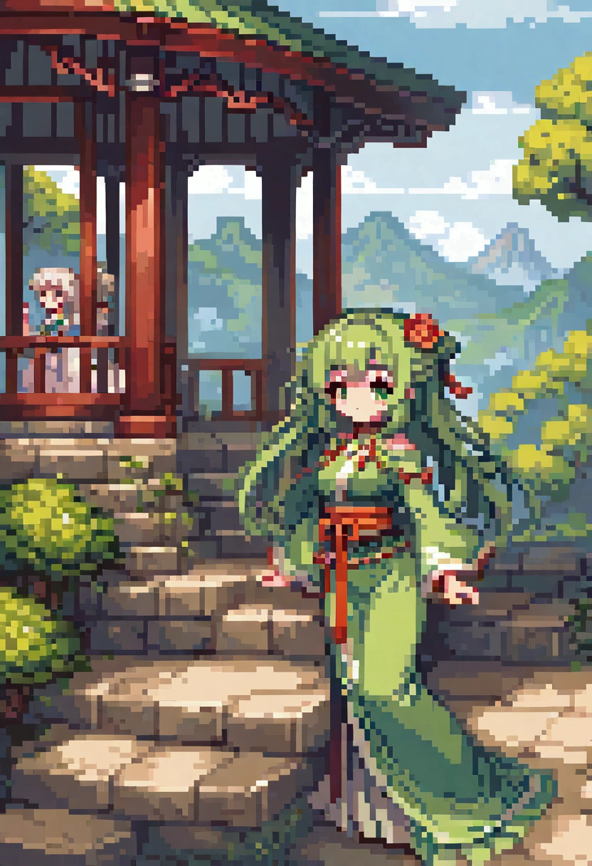 Pixel Art , Blocks, Pixel Art 风格, 8-bit graphics, Anime Girl，Ancient Chinese Green Costumes 、Long sleeve、Gazebo、Complex、Hairpin、Twist,、 sunshine、、 Artgerm 、 Artwork by Rutkowski and Alphonse Mucha，