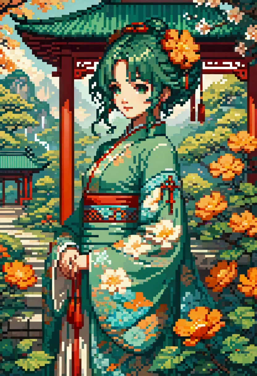 Pixel Art , Blocks, Pixel Art 风格, 8-bit graphics, Anime Girl，Ancient Chinese Green Costumes 、Long sleeve、Gazebo、Artistic works of Merge 、Hairpin、Twist,、 sunshine、、 Artgerm 、 rutkowski and alphonse mucha，