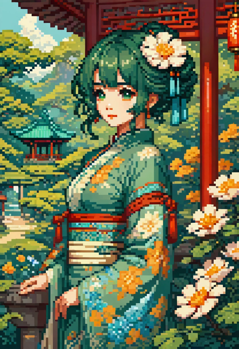 Pixel Art , Blocks, Pixel Art 风格, 8-bit graphics, Anime Girl，Ancient Chinese Green Costumes 、Long sleeve、Gazebo、Artistic works of Merge 、Hairpin、Twist,、 sunshine、、 Artgerm 、 rutkowski and alphonse mucha，