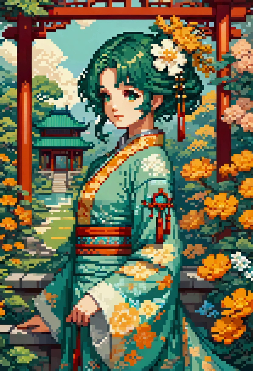 Pixel Art , Blocks, Pixel Art 风格, 8-bit graphics, Anime Girl，Ancient Chinese Green Costumes 、Long sleeve、Gazebo、Artistic works of Merge 、Hairpin、Twist,、 sunshine、、 Artgerm 、 rutkowski and alphonse mucha，