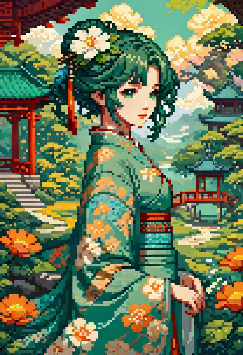 Pixel Art , Blocks, Pixel Art 风格, 8-bit graphics, Anime Girl，Ancient Chinese Green Costumes 、Long sleeve、Gazebo、Artistic works of Merge 、Hairpin、Twist,、 sunshine、、 Artgerm 、 rutkowski and alphonse mucha，