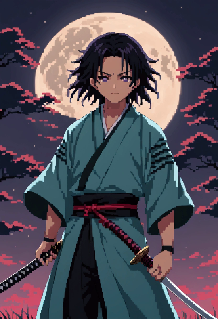 Anime character with long hair standing in front of a full moon holding a sword,  Demon Slayer中的可爱脸庞,  Demon Slayer,   is inspired by Demon Slayer  , Yoriichi Tsugikuni,  Demon Slayer风格,  Demon Slayer动漫形象, Tanjiro