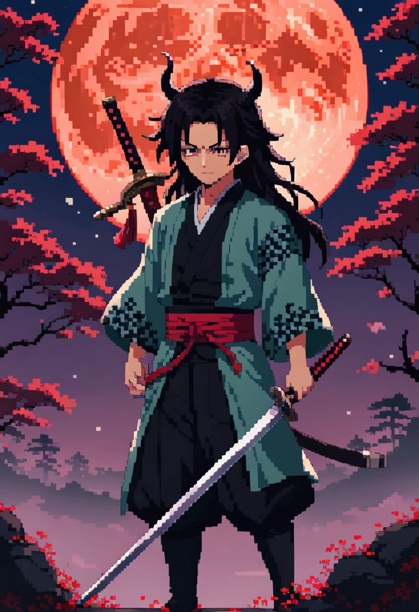 Anime character with long hair standing in front of a full moon holding a sword,  Demon Slayer中的可爱脸庞,  Demon Slayer,   is inspired by Demon Slayer  , Yoriichi Tsugikuni,  Demon Slayer风格,  Demon Slayer动漫形象, Tanjiro