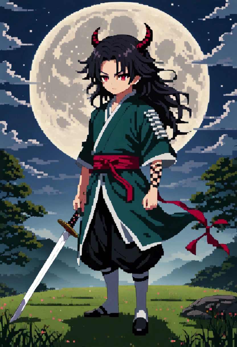 Anime character with long hair standing in front of a full moon holding a sword,  Demon Slayer中的可爱脸庞,  Demon Slayer,   is inspired by Demon Slayer  , Yoriichi Tsugikuni,  Demon Slayer风格,  Demon Slayer动漫形象, Tanjiro