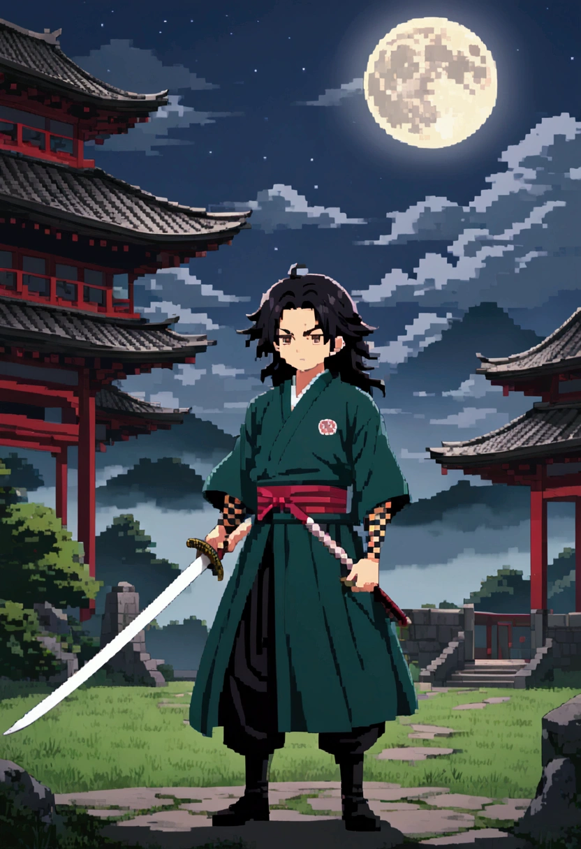 Anime character with long hair standing in front of a full moon holding a sword,  Demon Slayer中的可爱脸庞,  Demon Slayer,   is inspired by Demon Slayer  , Yoriichi Tsugikuni,  Demon Slayer风格,  Demon Slayer动漫形象, Tanjiro