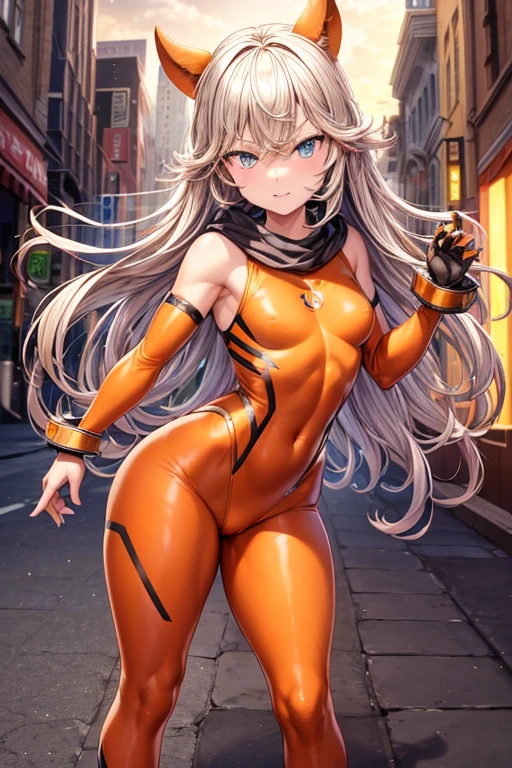 masterpiece, best quality, agrias, grey sweater, black leotard, standing, looking at viewer, blonde hair, superhero, photoreal 88k..