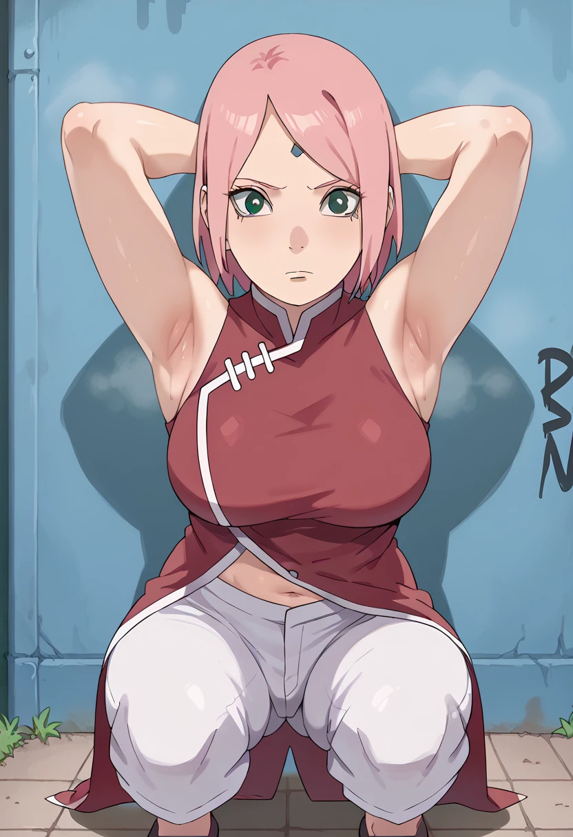 nsfw, haruno sakura, pink hair, short hair, green eyes, red sleeveless dress, navel, large breasts, white pants,black eyes,In a dimly lit alley ,Armpit,Armpit wrinkles,Armpit smell,Armpit juice,Arms up,Stretch,pubic hair,under hair,squat down, 