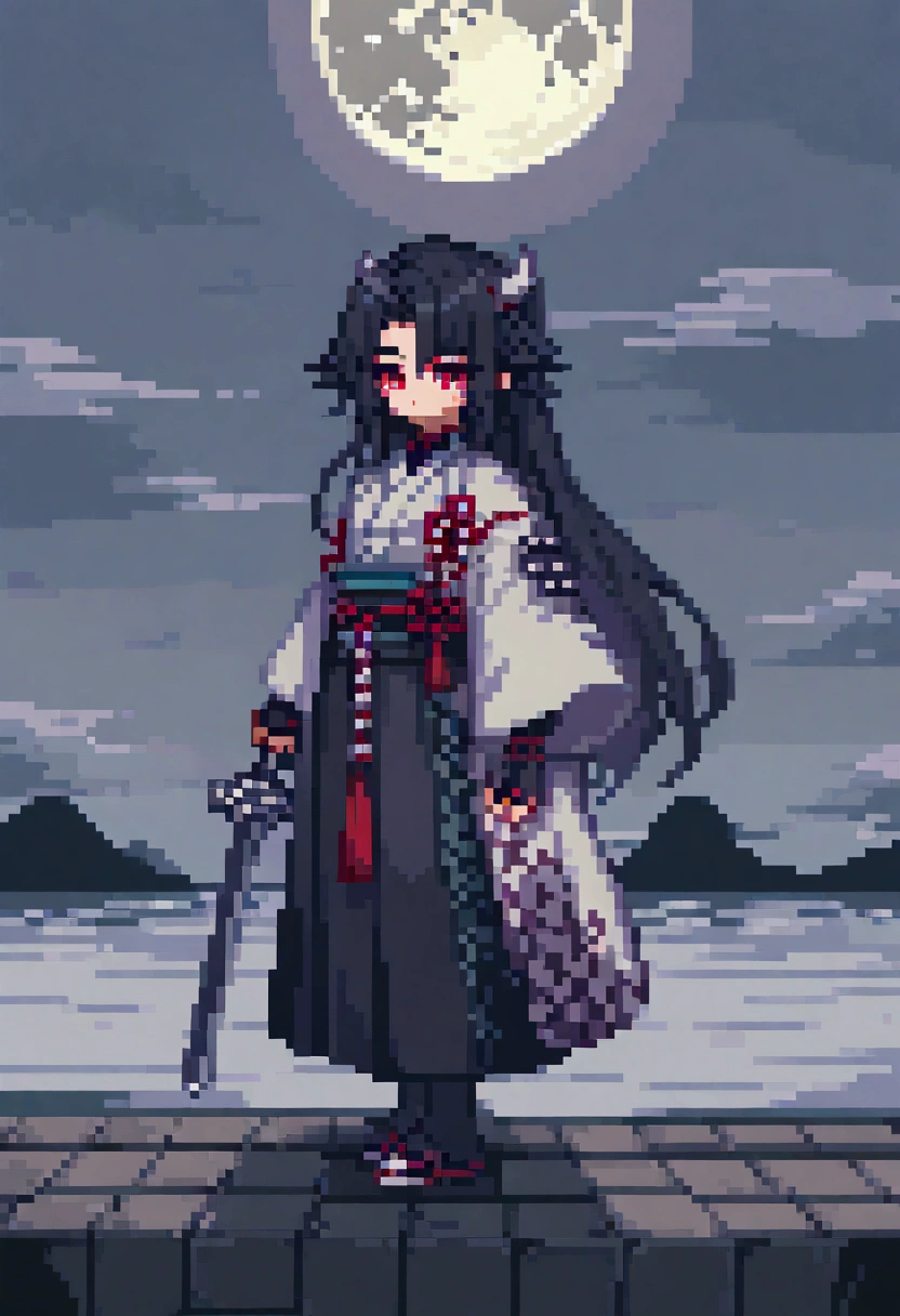 Pixel Art , Blocks, Pixel Art 风格, 8-bit graphics, Anime character with long hair standing in front of a full moon holding a sword,  Demon Slayer中的可爱脸庞,  Demon Slayer,   is inspired by Demon Slayer  , Yoriichi Tsugikuni,  Demon Slayer风格,  Demon Slayer动漫形象, Tanjiro