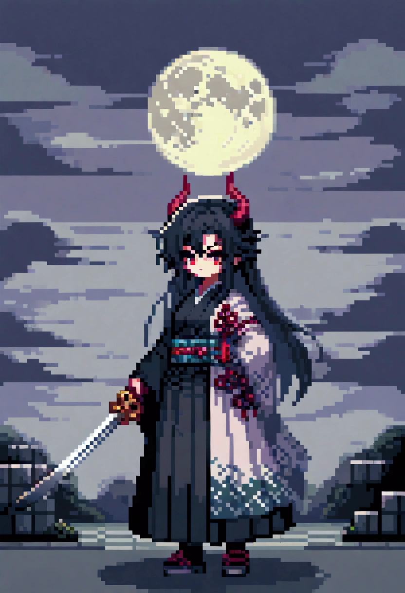 Pixel Art , Blocks, Pixel Art 风格, 8-bit graphics, Anime character with long hair standing in front of a full moon holding a sword,  Demon Slayer中的可爱脸庞,  Demon Slayer,   is inspired by Demon Slayer  , Yoriichi Tsugikuni,  Demon Slayer风格,  Demon Slayer动漫形象, Tanjiro