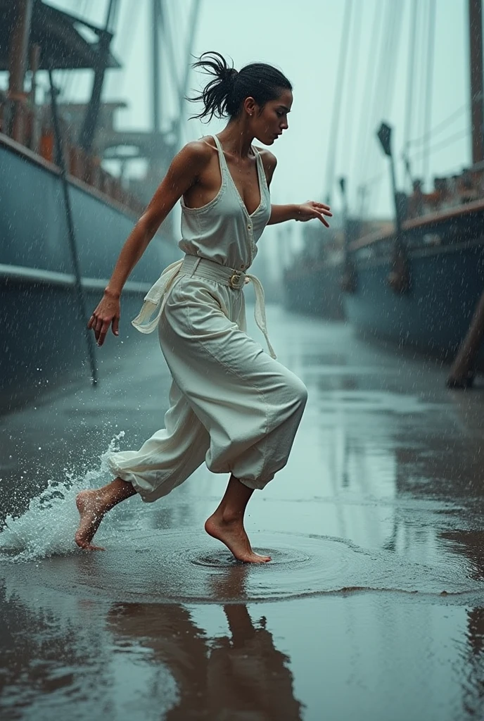 best images quality, tmasterpiece, 超高分辨率, (fidelity:1.4), photore, 1 rapariga, white shirt, Horse socks, White sneakers, dimly lit, darkly, be desperate, pitying, poor, cinematic ligh, teardrop, tear drop, (torn laundry:1.5), (wetclothes:1.4), Bare breasts, Real rain, Wet body,Wet stockings..ssmile
