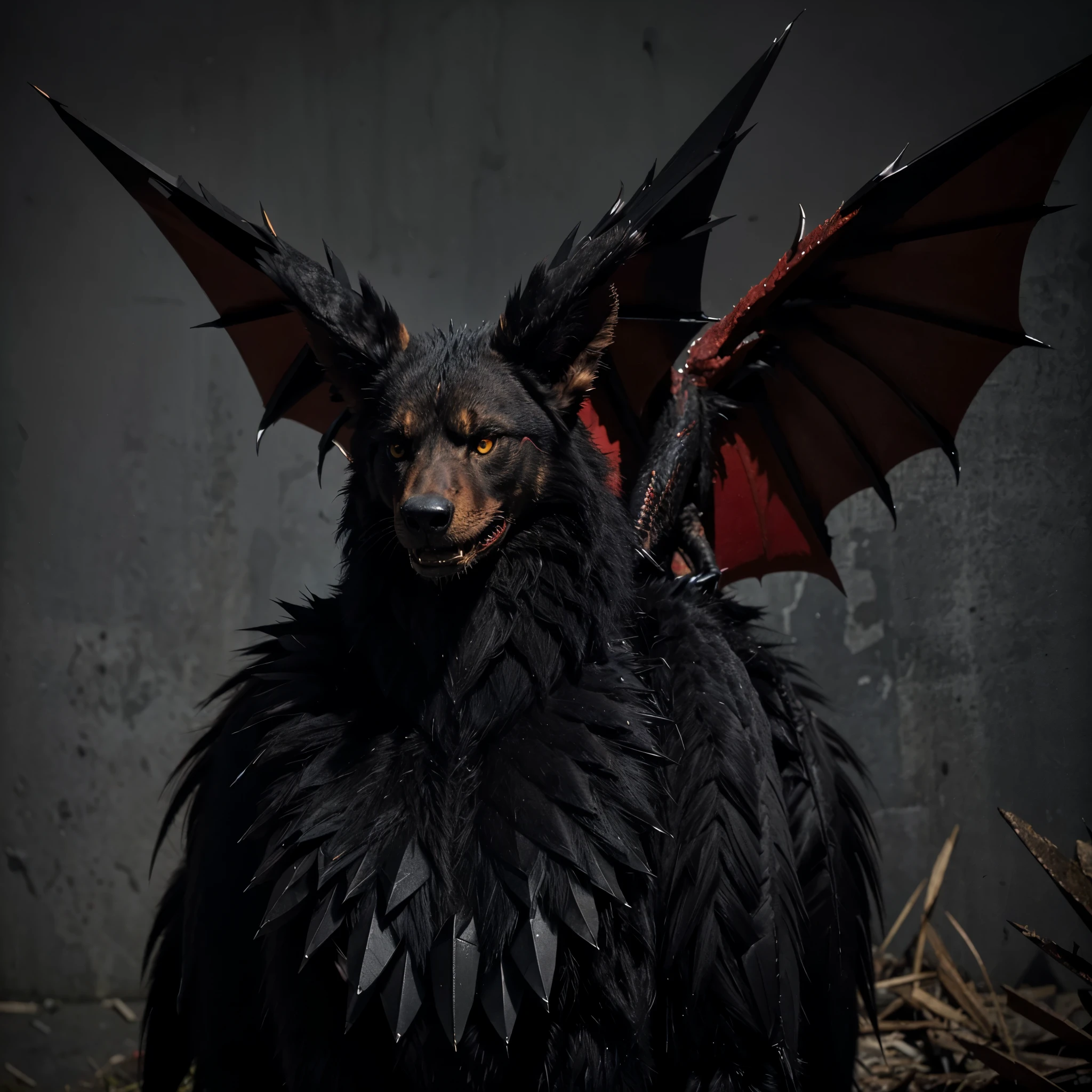 A monster with a black fox head with 6 red eyes with sharp teeth with an alligator body with sharp scales with black lion paws with red sharp claws and legs like an eagle with sharp nails with giant red bat wings on its back