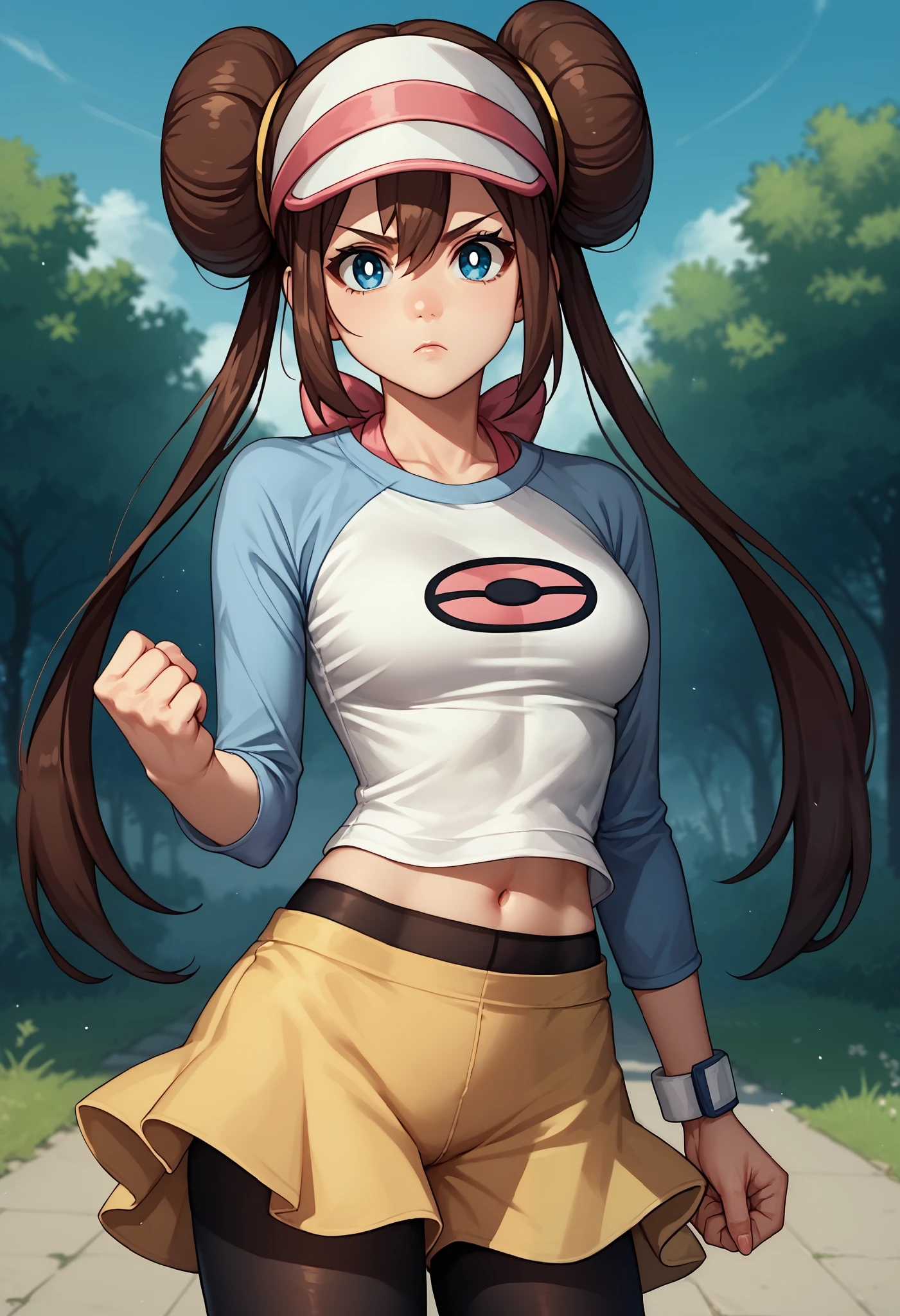 score_9, score_8_up, score_7_up, source_anime, 1girl, solo, outdoors, rosa, navel, fist in hand, brown hair, double bun, doughnut hair bun, hair bun, blue eyes, hair between eyes, twintails, pantyhose, pantyhose under shorts, raglan sleeves, skirt, yellow skirt, white shirt, blue sleeves, long sleeves, visor cap, serious, looking at viewer, cowboy shot,