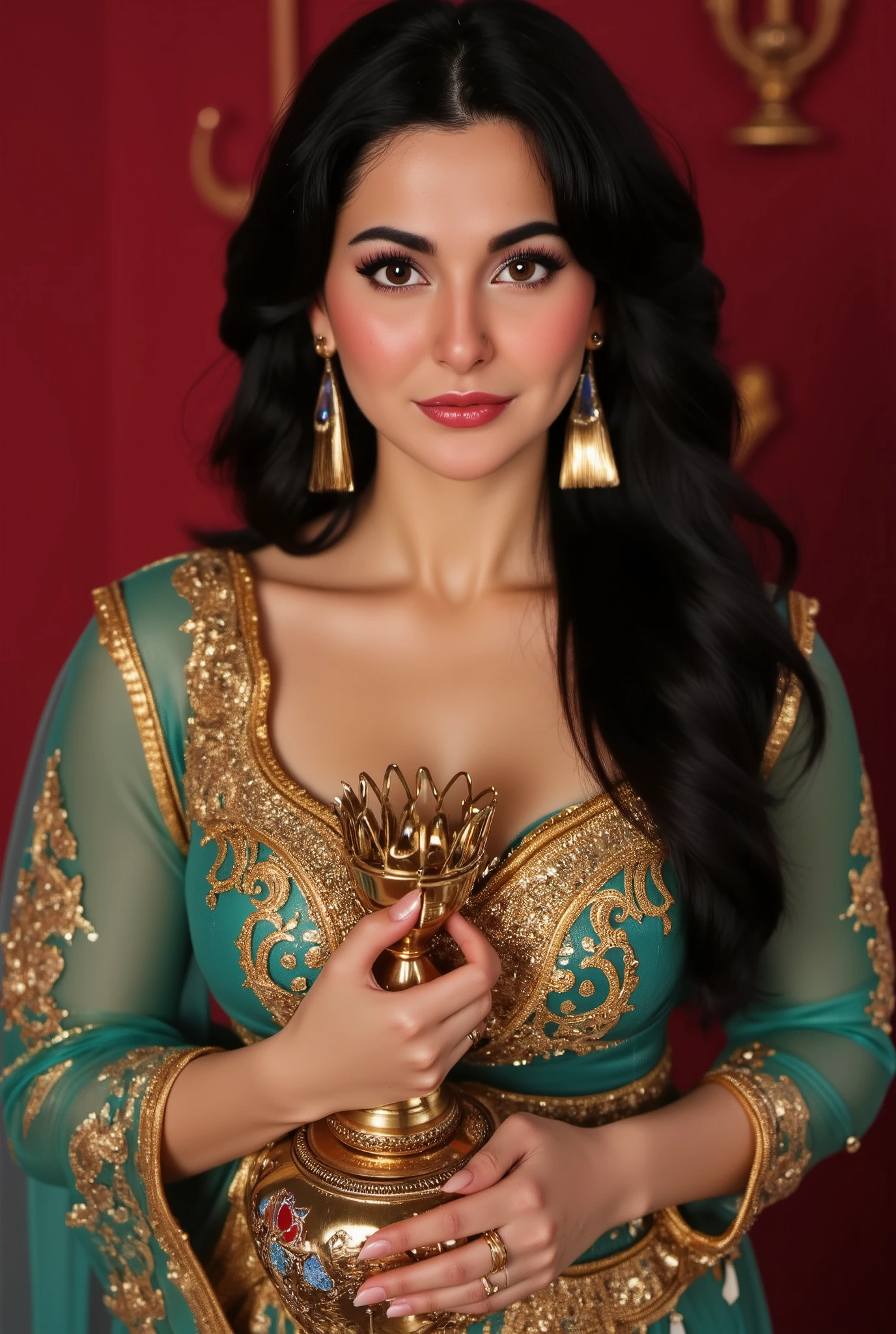  busty Pakistani (Hania Amir),(big breasts), extreme close-up, portrait, ultra realistic, photography, long black straight hair, elegant hair, (30 years old, hazel eyes, hourglass figure, perfect fit body, natural big breasts), femme fatale, Princess jasmine costume, oriental background, holding the magic lamp from aladdin, rubbing the magic lamp from aladdin