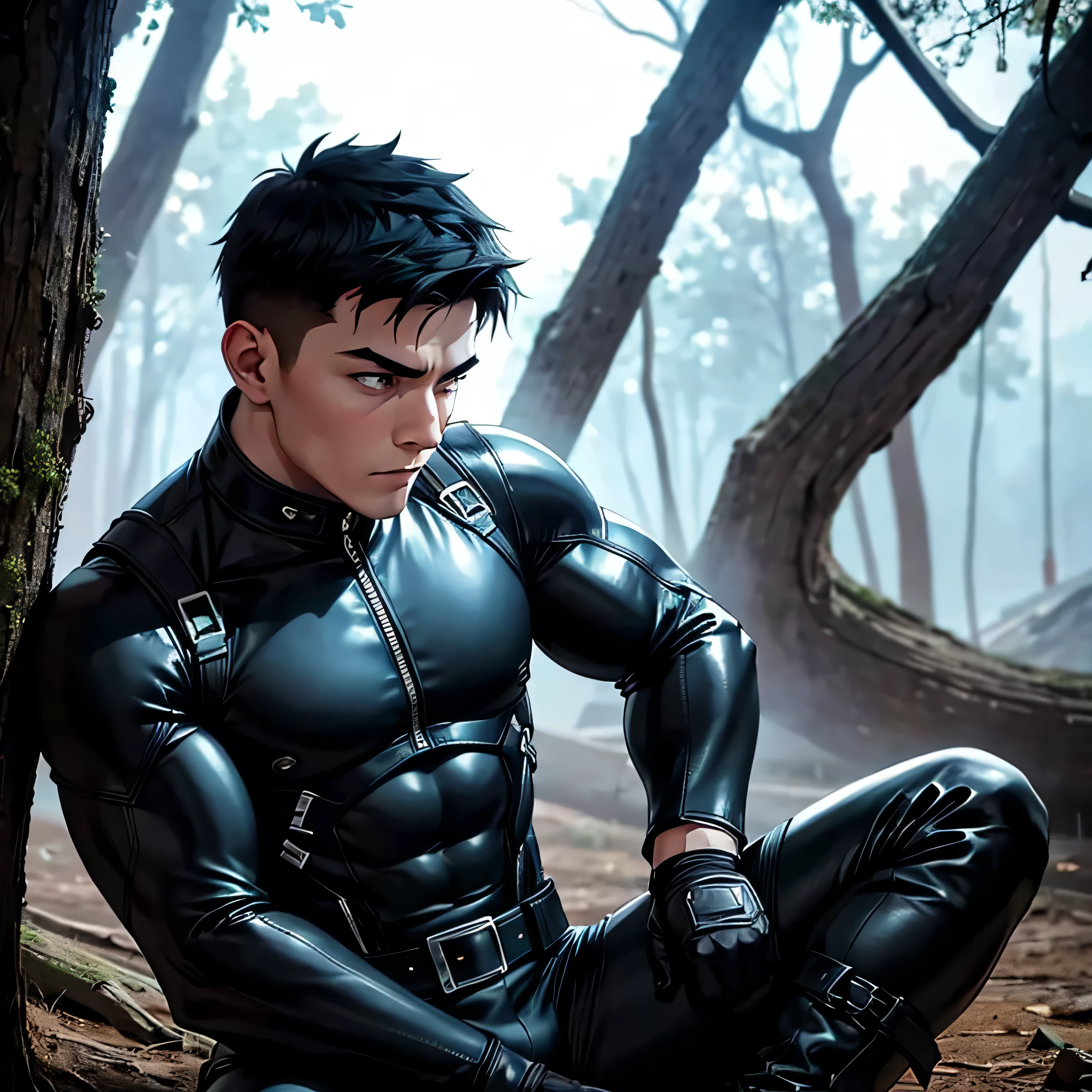 Age 27,  One Man,Muscular、 black bodysuit 、 black leather pants 、Shocker Belt、 black gloves 、  black boots 、Combatant、Combat pose、 Face、 in the woods、Explosions and explosions all around 　 feet 　Sit spread out。Gay、logic, ,  black hair。  pretty short, short hair cool、Handsome soldier　プエルトリコ人Face　Cool guy　 view from below　  Upper Body Up 　