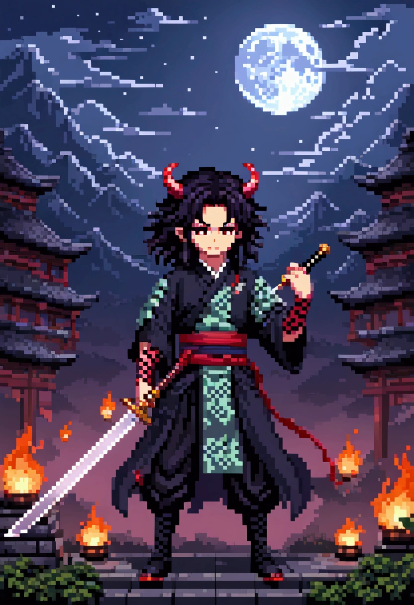 Pixel Art , Blocks, Pixel Art 风格, 8-bit graphics, Anime character with long hair standing in front of a full moon holding a sword,  Demon Slayer中的可爱脸庞,  Demon Slayer,   is inspired by Demon Slayer  , Yoriichi Tsugikuni,  Demon Slayer风格,  Demon Slayer动漫形象, Tanjiro