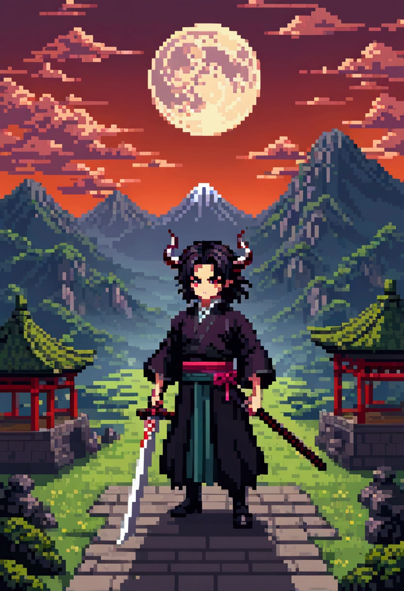 Pixel Art , Blocks, Pixel Art 风格, 8-bit graphics, Anime character with long hair standing in front of a full moon holding a sword,  Demon Slayer中的可爱脸庞,  Demon Slayer,   is inspired by Demon Slayer  , Yoriichi Tsugikuni,  Demon Slayer风格,  Demon Slayer动漫形象, Tanjiro