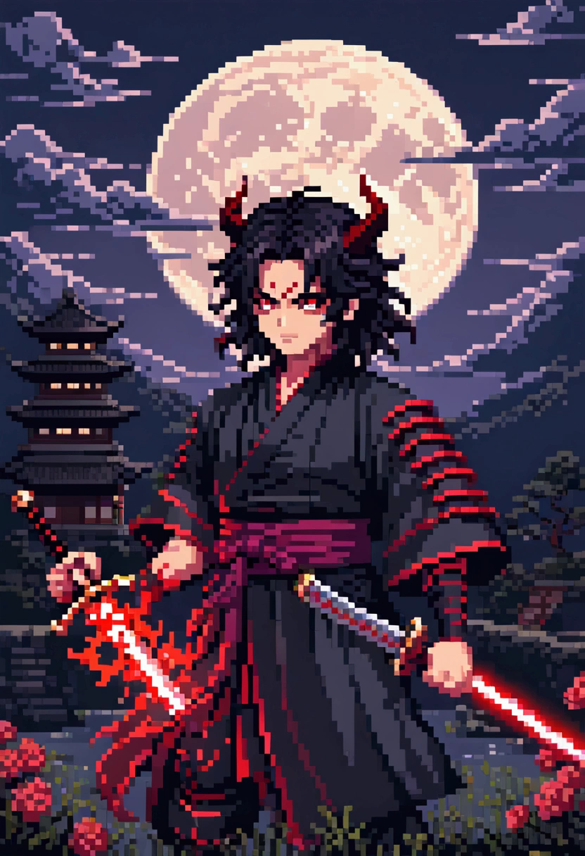 Pixel Art , Blocks, Pixel Art 风格, 8-bit graphics, Anime character with long hair standing in front of a full moon holding a sword,  Demon Slayer中的可爱脸庞,  Demon Slayer,   is inspired by Demon Slayer  , Yoriichi Tsugikuni,  Demon Slayer风格,  Demon Slayer动漫形象, Tanjiro