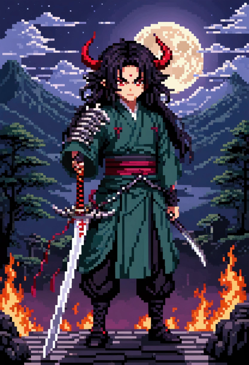 Pixel Art , Blocks, Pixel Art 风格, 8-bit graphics, Anime character with long hair standing in front of a full moon holding a sword,  Demon Slayer中的可爱脸庞,  Demon Slayer,   is inspired by Demon Slayer  , Yoriichi Tsugikuni,  Demon Slayer风格,  Demon Slayer动漫形象, Tanjiro