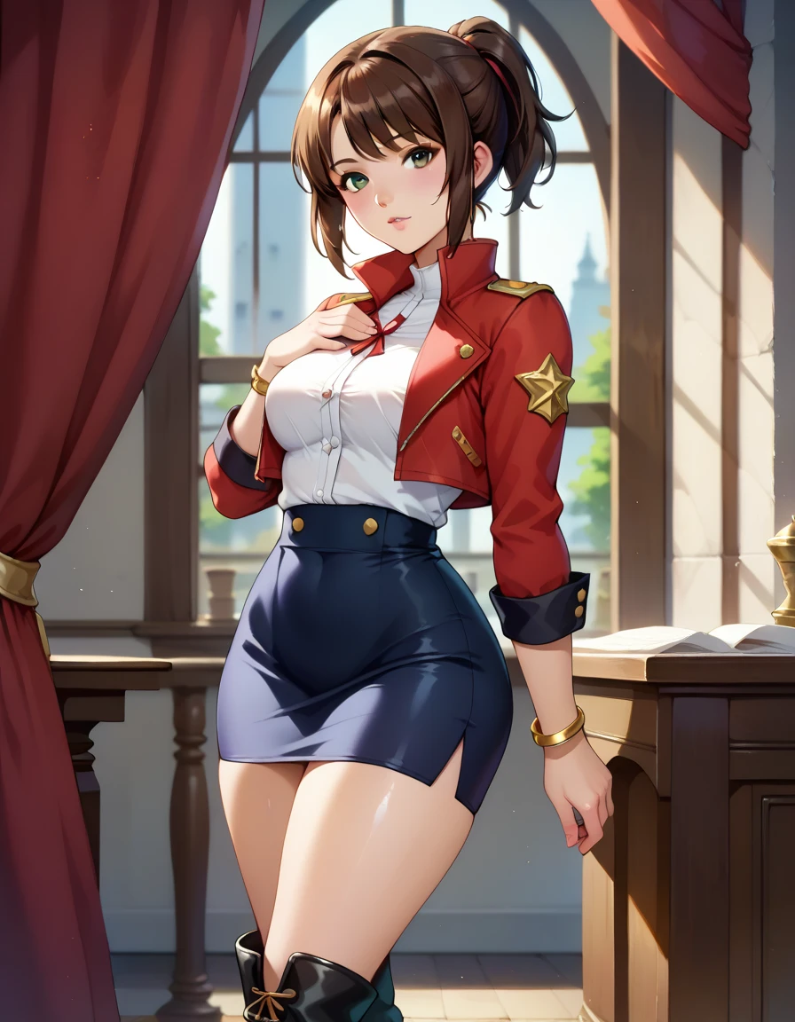 ((masterpiece, top quality)) ( Extremely Detailed CG ), ( ray tracing) ( top quality),  perfect face, shiny skin,  Shiny Skin , ,  depth of field, wide hips,  Thin Waist , Umeko, Brown Hair,  skirt,  ponytail,  jacket,  boots, pencil  skirt, uniform,  brown eyes,  Long Sleeve ,  short hair,  black footwear , star (symbol), , bangs,  bracelet ,indoor, hips that compress my chest, :d