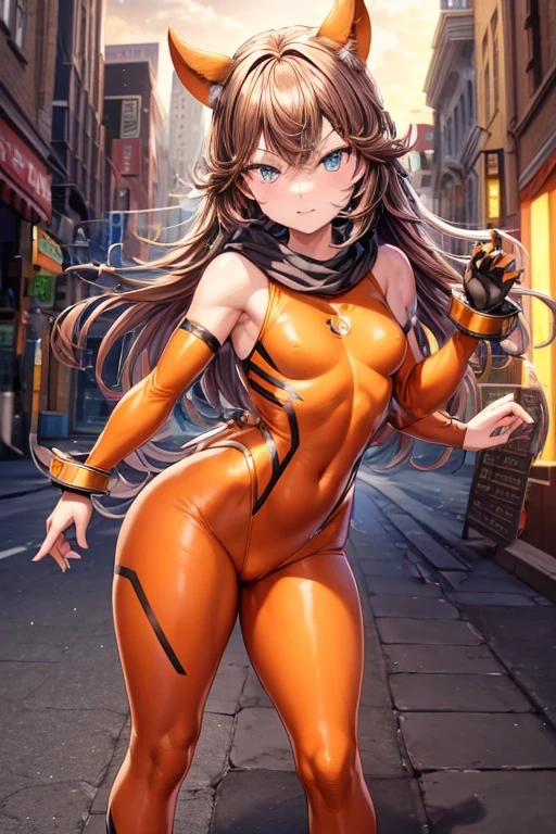 masterpiece,best quality, 1girl,4K ((full body shot)), bodysuit with shorts, latex shoes ,light brown long hair, japan neon light street, cinematic composition