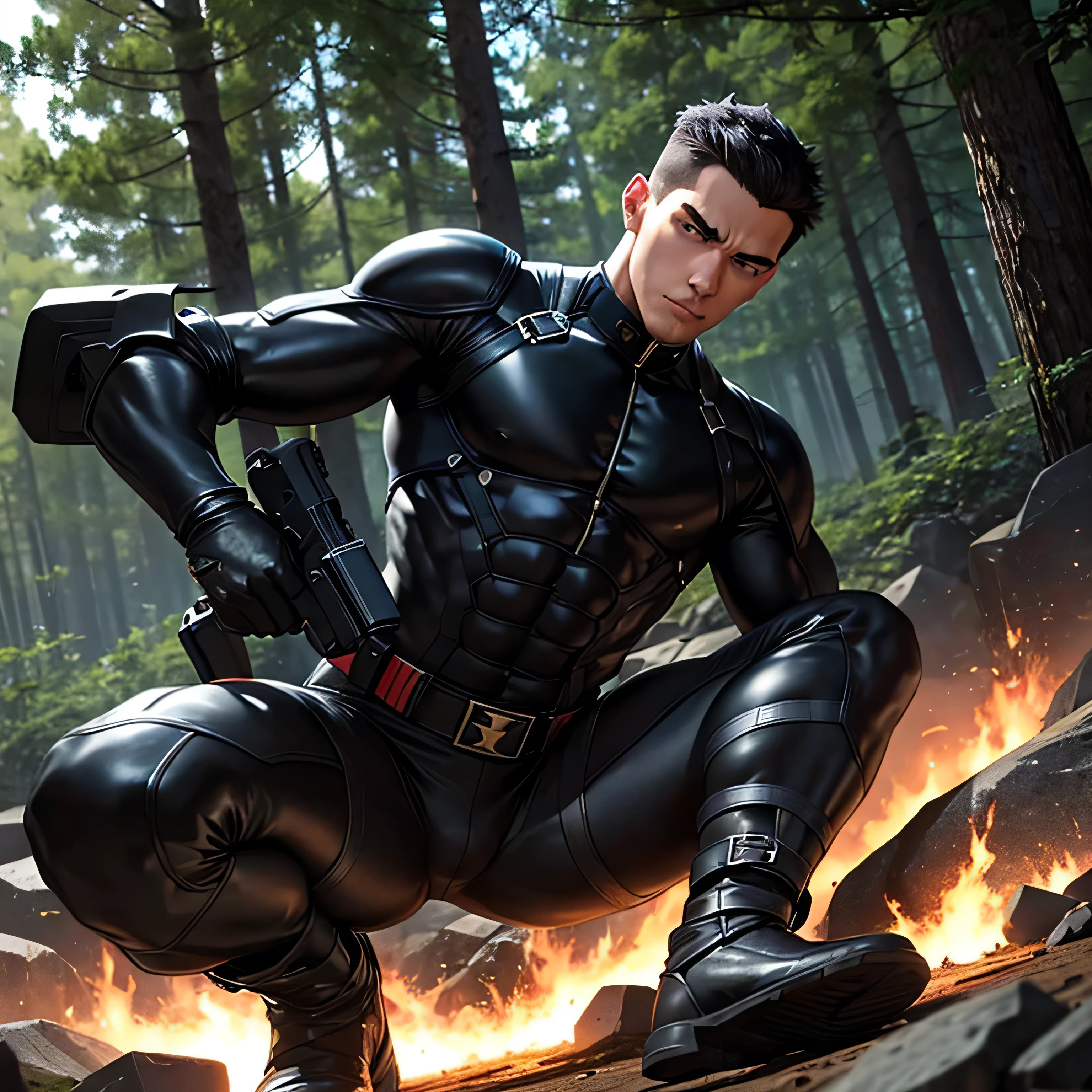 Age 27,  One Man,Muscular、 black bodysuit 、 black leather pants 、Shocker Belt、 black gloves 、  black boots 、Combatant、Combat pose、 Face、 in the woods、Explosions and explosions all around 　 feet 　Sit spread out。Gay、logic, ,  black hair。  pretty short, short hair cool、Handsome soldier　プエルトリコ人Face　Cool guy　 view from below　  Upper Body Up 　