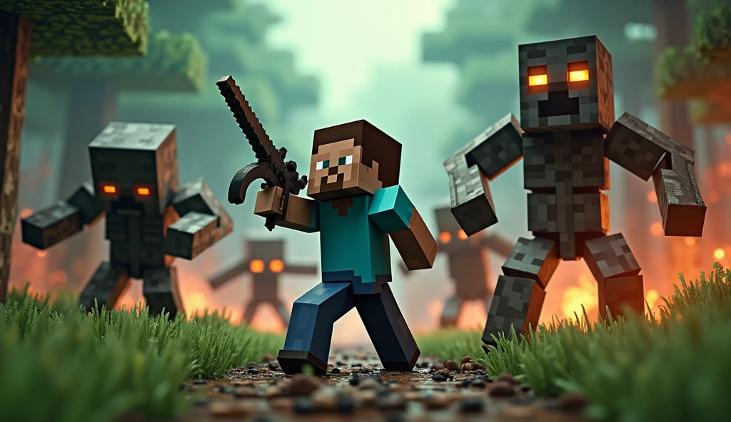 A Gun In Minecraft Steve vs jombi  and skeletal  enderman  And Nether In  forest  Background  