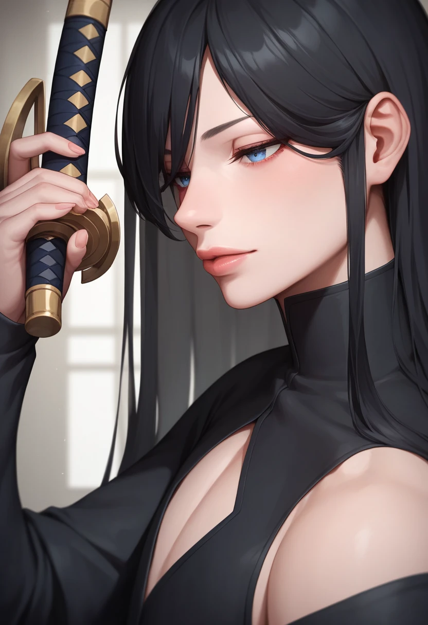  masterpiece,  best quality , newest, 1fille,  From the side ,  Upper body , close-up, Unohana_, blue eyes, Black Hair,  very long hair,  cheveux lisses , front, Black kimono , Haori,   with long sleeves  , wide sleeves ,  impassive , narrowed eyes, 
 big boobs, Lips, Androgynous ,  holding a gun , katana, posing,
bedroom, lit, pose sexy