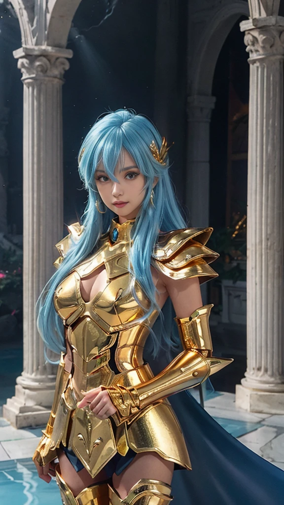 a woman in a gold outfit and blue hair posing for a picture, portrait knights of zodiac girl, knights of zodiac girl, angelic golden armor, mystical atlantean valkyrie, armor girl, stunning armor, golden armor, beautiful armor, goddess. extremely high detail, extremely detailed artgerm, alluring elf princess knight, gold heavy armor. dramatic