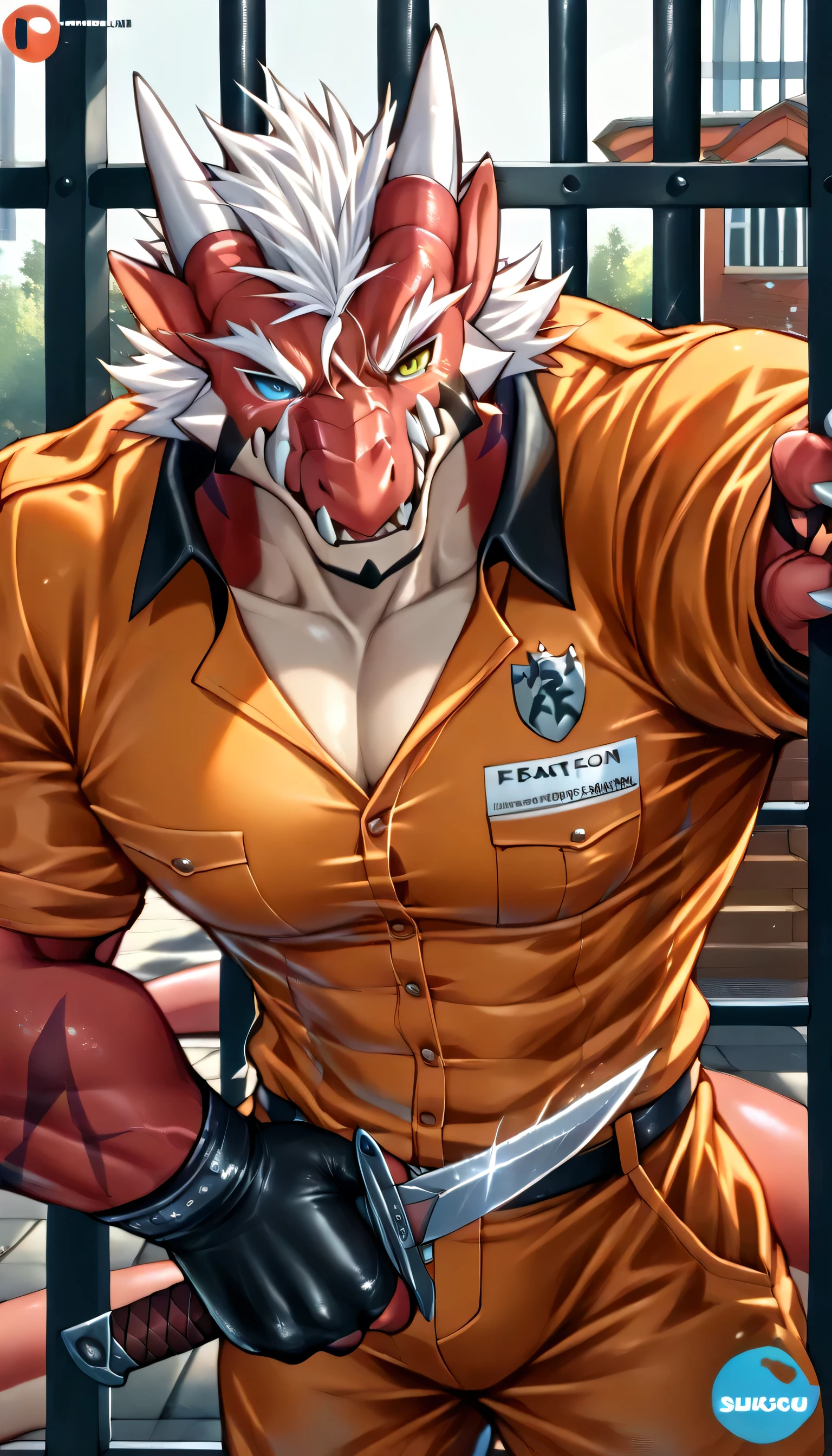 masterpiece,最 in high quality ,16k, very detailed , exquisite details , Darkness Charm , darkness,color,male, super high resolution ,( dark circles under makeup ),(Heterochromic pupils:1.5), scar passing through the eye ,(Fierce expression:1.5), wear black gloves , Handsome, western dragon,Batzz, fur , scales, furry, sweating , delicate eyes ,Big Muscle, Handsome's,(Strong physique :1.3), Handsome, The prisoner is dressed , in high quality , Super Detailed , are of the best quality, ( standing in the cell ),(Dragon Horn),(Dragon Tail),(Dragon's beard ), Unique ,((Strong)), from behind perfect proportions , blush,( Wear a huge X logo prison uniform:1.5), ragged ,(Dragon Claw:1.3),(A ferocious and angry expression :1.5),( Light Blush.:1.2),More details,CG,45 degree viewing angle,Hold a knife in your hand and place it on your chest , milk