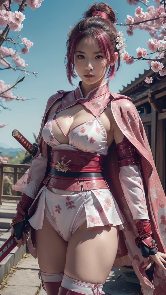 8k, masterpiece, best quality, realistic, higly detailed, cowboy shot, 1girl, solo, Ichika Nakano, very short hair that has a single long strand on the right side, white-pink hair, a single earring, dark blue eyes, average height, well-endowed figure, large breasts, cute, Samurai, Swordsman, Samurai, Swordsman