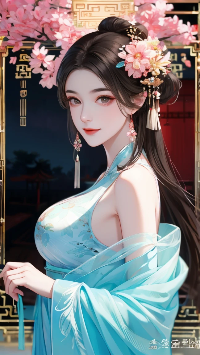  high detail,  High Quality , forest， An ancient Chinese woman ， sexy woman，Bangs, long hair,Eyebrows， Face with a smile ，Big breasts， wearing a red ancient Chinese dress， Bare shoulders，center， watching people 