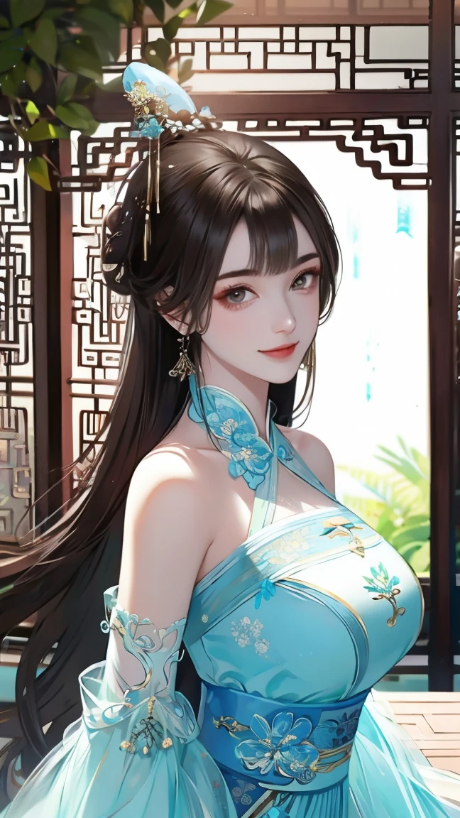  high detail,  High Quality , forest， An ancient Chinese woman ， sexy woman，Bangs, long hair,Eyebrows， Face with a smile ，Big breasts， wearing a red ancient Chinese dress， Bare shoulders，center， watching people 