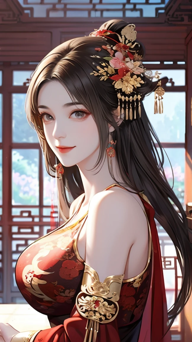  high detail,  High Quality , forest， An ancient Chinese woman ， sexy woman，Bangs, long hair,Eyebrows， Face with a smile ，Big breasts， wearing a red ancient Chinese dress， Bare shoulders，center， watching people 