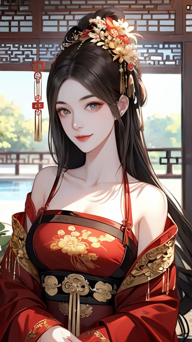  high detail,  High Quality , forest， An ancient Chinese woman ， sexy woman，Bangs, long hair,Eyebrows， Face with a smile ，Big breasts， wearing a red ancient Chinese dress， Bare shoulders，center， watching people 