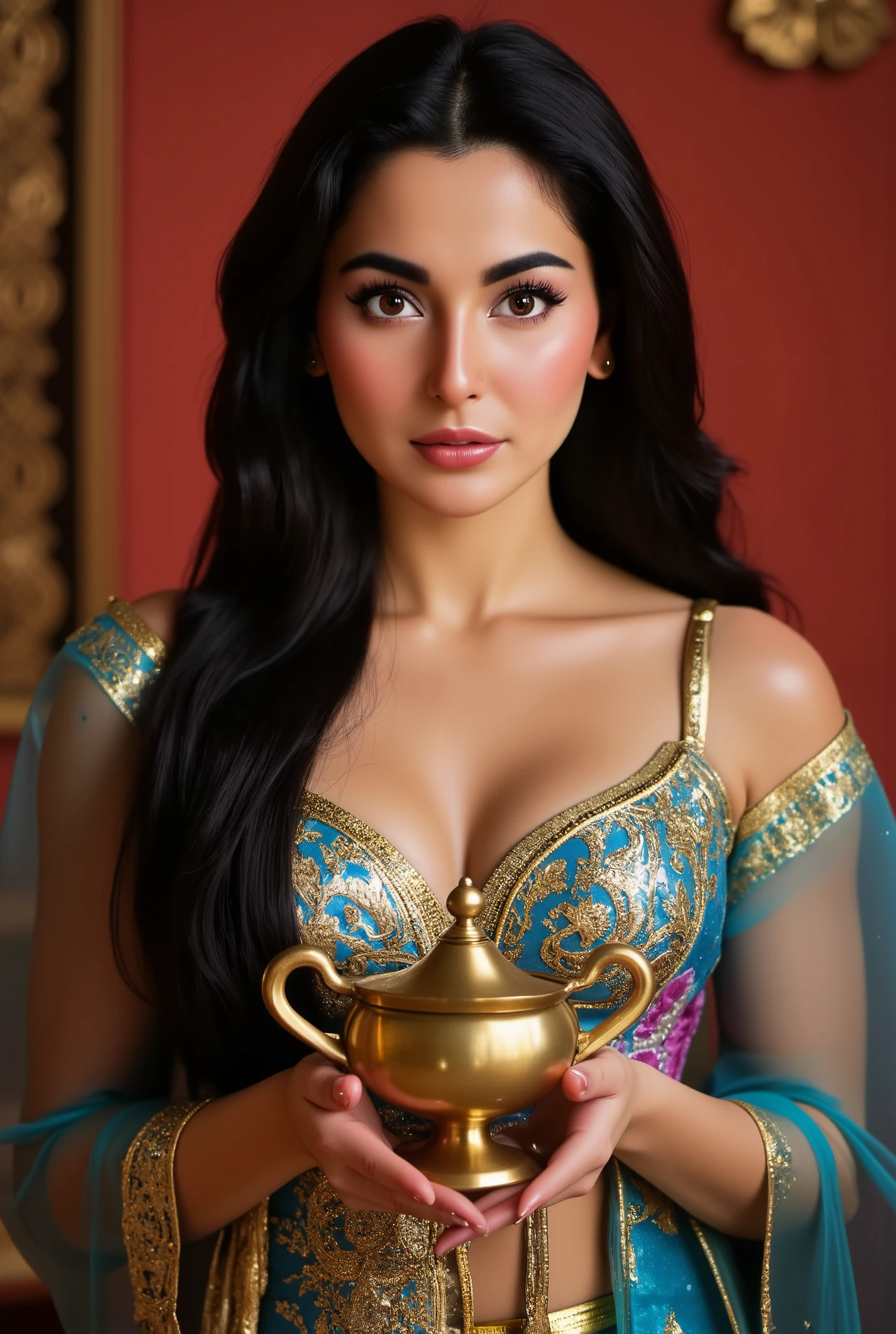 busty Pakistani (Hania Amir),(big breasts), extreme close-up, portrait, ultra realistic, photography, long black straight hair, elegant hair, (30 years old, hazel eyes, hourglass figure, perfect fit body, natural big breasts), femme fatale, Princess jasmine costume, oriental background, holding the magic lamp from aladdin, rubbing the magic lamp from aladdin