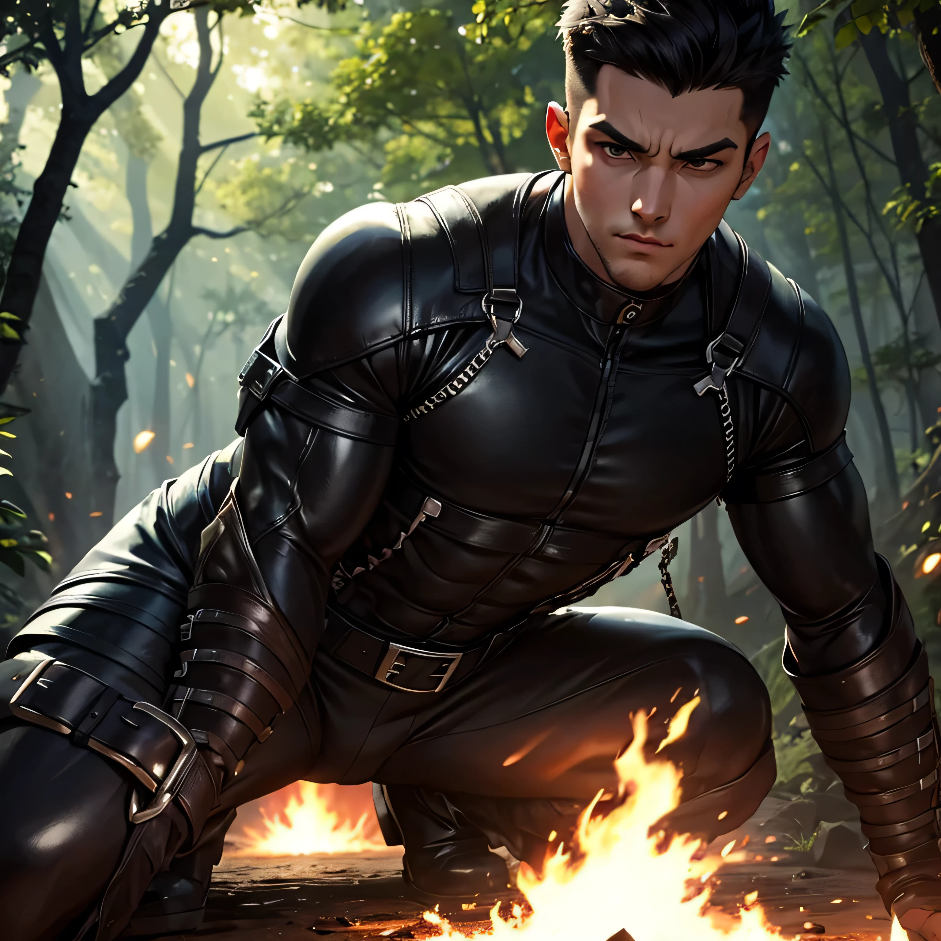 Age 27,  One Man,Muscular、 black bodysuit 、 black leather pants 、Shocker Belt、 black gloves 、  black boots 、Combatant、Combat pose、 Face、 in the woods、Explosions and explosions all around 　 feet 　Sit spread out。Gay、logic, ,  black hair。  pretty short, short hair cool、Handsome soldier　プエルトリコ人Face　Cool guy　 view from below　  Upper Body Up 　